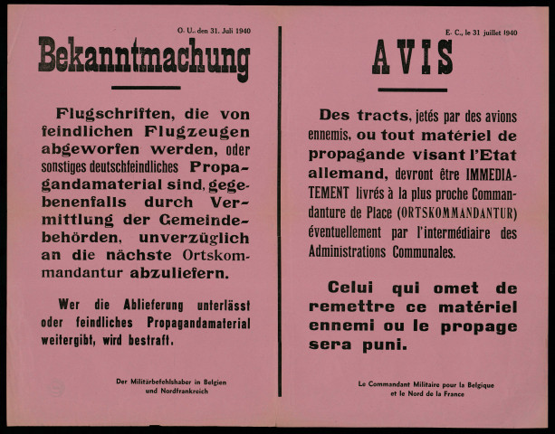 Flugschriften... deutschfeindliches Propagandamaterial sind... abzuliefern = Des tracts... propagande visant l'Etat Allemand... devront être... livrés
