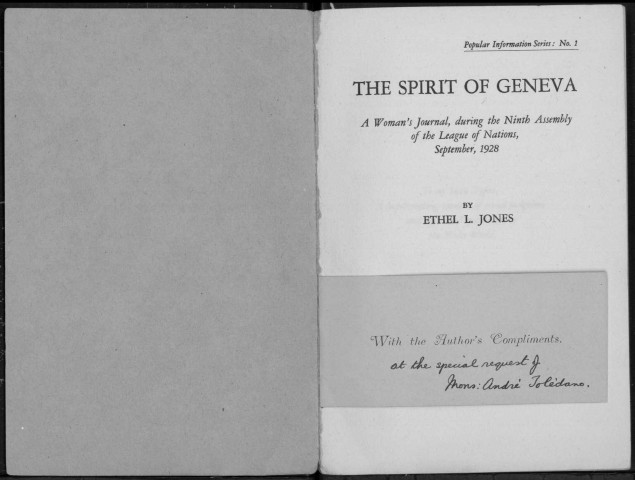 The spirit of Geneva. Sous-Titre : A woman's journal, during the ninth Assembly of the League of Nations, september 1928Popular information Series n°1