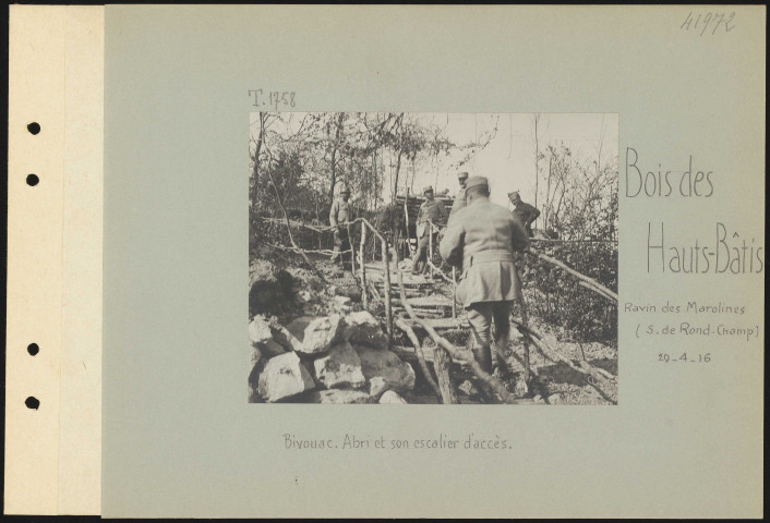 Bois des Hauts-Bâtis. Ravin des Marolines (sud de Rond Champ). Bivouac. Abri et son escalier d'accès