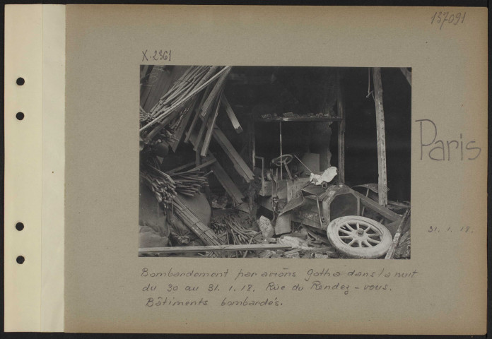 Paris. Bombardement par avions Gotha dans la nuit du 30 au 31.1.18. Rue du rendez-vous. Bâtiments bombardés