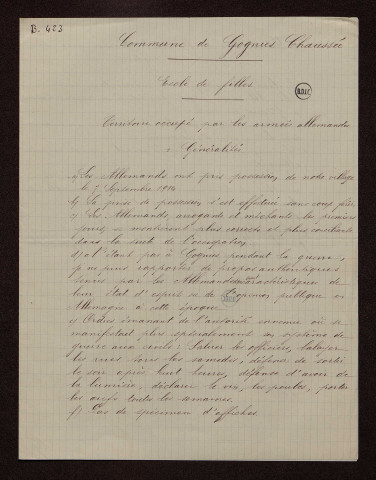 Gognies Chaussée (59) : réponses au questionnaire sur le territoire occupé par les armées allemandes