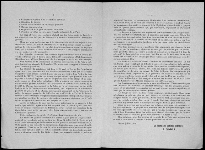 XIXe rapport du Bureau international de la paix sur sa gestion et ses comptes du 1er juillet 1909 au 30 juin 1910