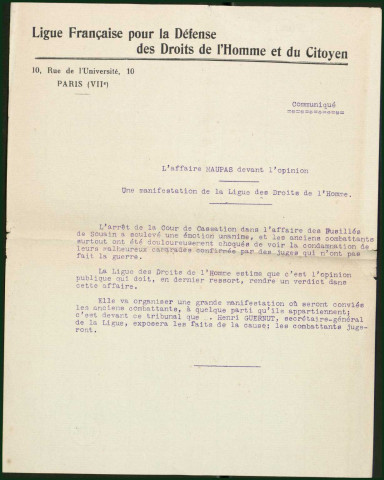 11.- Correspondance LDH. 11 janvier au 17 juillet 1925. Sous-Titre : Dossier Blanche Maupas