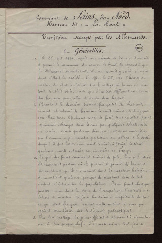 Sains du Nord (59) : réponses au questionnaire sur le territoire occupé par les armées allemandes