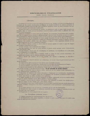 Au moment où le sol de la France est envahi par la Prusse… Les délégués des Société ouvrières et… De l'association internationale des travailleurs considèrent… Devoir… formuler leur opinion…