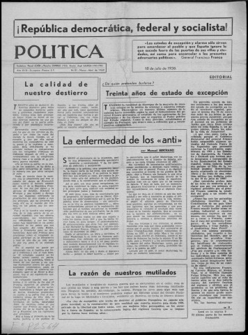 Política (1969 : n° 31-33). Sous-Titre : boletín de información interna de Izquierda republicana [puis] boletín de Izquierda republicana en Francia
