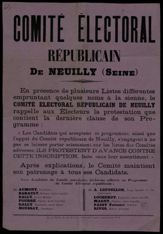 Comité électoral républicain de Neuilly : Candidats du Comité