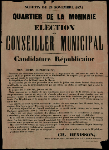 Élection d'un conseiler municipal : Candidature républicaine... Ch. Hérisson