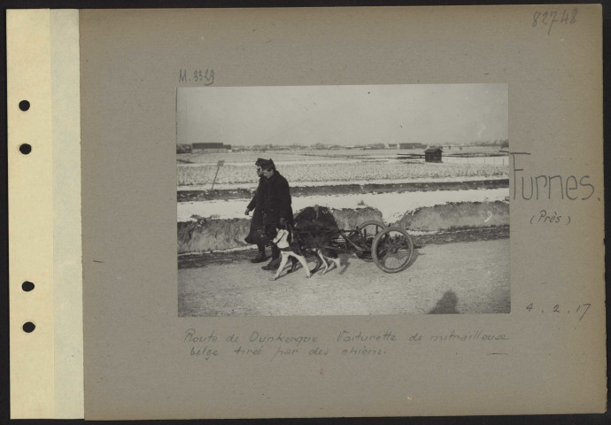 Furnes (près). Route de Dunkerque. Voiturette de mitrailleuse belge tirée par des chiens