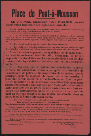 Place de Pont-à-Mousson : en cas de contraventions aux dispositions précédentes, des procès-verbaux seront dressés aux voituriers