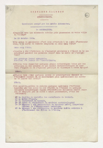Tourcoing (59), Institut Colbert : réponse au questionnaire concernant l'occupation allemande et documents originaux