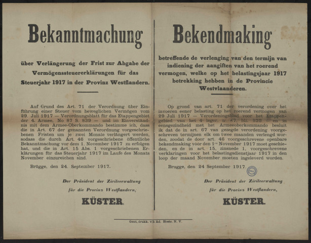 Verlängerung der Frist zur Abgabe der Vermögenssteuererklärungen für das Steuerjahr 1917 in der Provinz Westflandern = Bekendmaking betreffende de verlenging van den termijn van indiening der aangiften van het roerend vermogen, welke op het belastingsjaar 1917 betrekking hebben in de Provincie Westvlaanderen