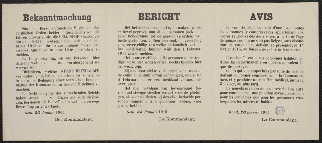 Sämtliche Personen ... Belgische Staatsangehörigkeit nicht besitzen ... zu melden = Al de personen ... die geen Belg zijn ... aan te melden = Toutes les personnes ... qui ne sont pas Belges ... doivent se présenter