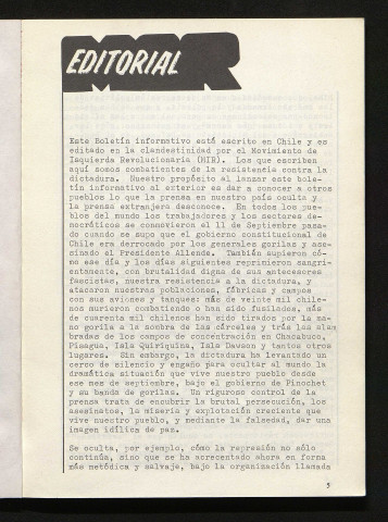 Boletin del M.I.R - N°1-2 - mars- juillet 1974