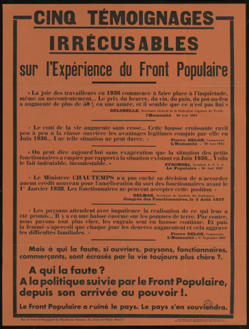 Cinq témoignages irrécusables sur l'expérience du Parti politique : Front populaire