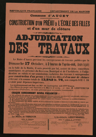 Construction d'un préau à l'Ecole des filles et d'un mur de clôture