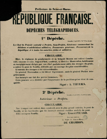 Dépêche télégraphique : Le régiment de gendarmerie et la brigade Besson ont enlevé Courbevoie, caserne et ville