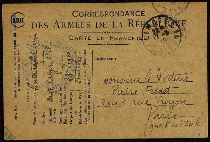 Lettres de soldats adressées au Docteur Pierre Fredet (3 rue Troyon, Paris)