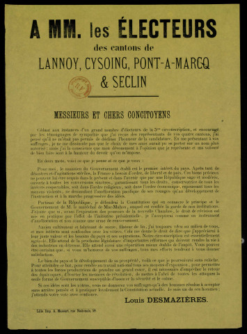 A MM. Les électeurs des cantons de Lannoy, Cysoing, Pont-a-Marcq et Seclin : Louis Desmazières