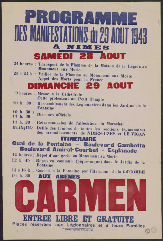 Programme des manifestations du 29 août 1943 à Nîmes
