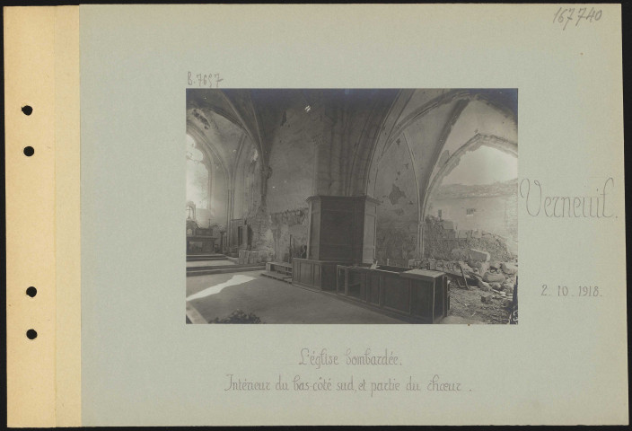 Verneuil. L'église bombardée. Intérieur du bas-côté sud, et partie du chœur