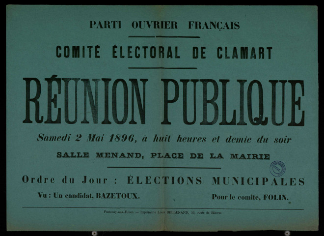 Parti ouvrier français Comité électoral de Clamart : Réunion publique