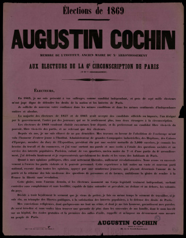 Augustin Cochin aux électeurs de la 6e circonscription de Paris