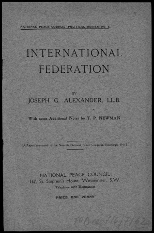 International federation. National peace council. Autre titre : National peace council political series n°5