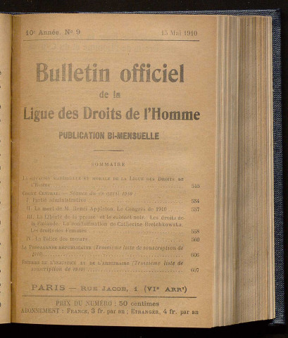 Mai 1910 - Bulletin officiel de la Ligue des Droits de l'Homme