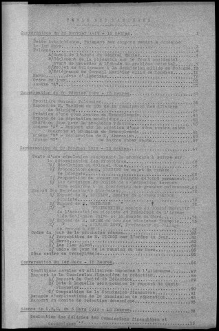 TABLE DES MATIERES : Conférences et réunions du 25 février 1919 au 10 mars 1919. Sous-Titre : Conférences de la paix
