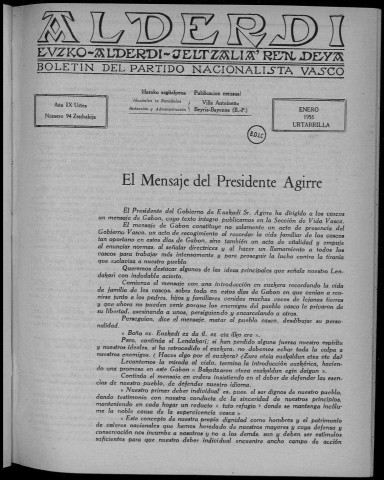 Alderdi (1955 : n° 94-105). Sous-Titre : Boletín del Partido nacionalista vasco