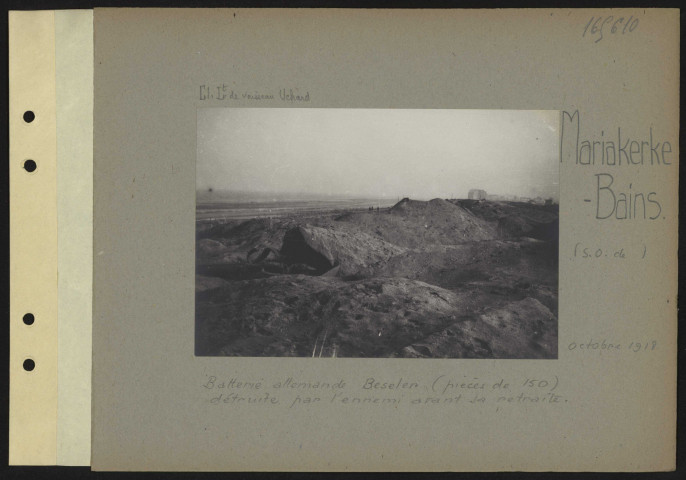 Mariakerke-Bains (sud-ouest de). Batterie allemande Beseler (pièce de 150) détruite par l'ennemi avant sa retraite