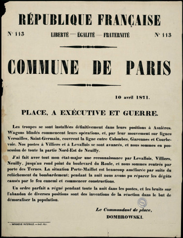 N°113. Les troupes se sont installées définitivement dans leurs positions à Asnières