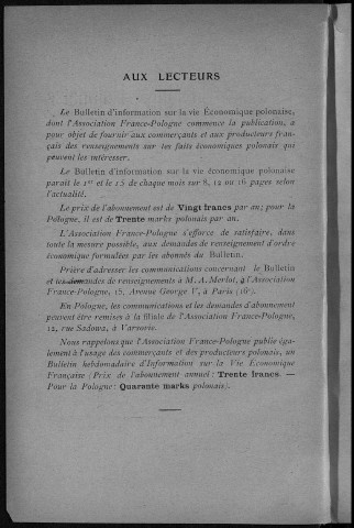 Bulletin d'Information sur La vie Economique Polonaise (1919: n°1-2)