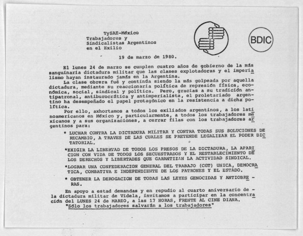 TYSAE (Mexique et Vénézuela), 1980-1983 : boletin informativo, tracts. Sous-Titre : Fonds Argentine