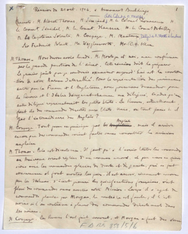 Réunion du 21 octobre 1916 à Armament Building. Procès-verbal manuscrit