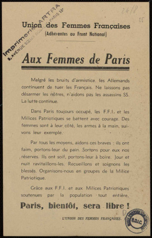 Aux femmes de Paris : malgré les bruits d'armistice, les Allemands continuent de tuer les Français