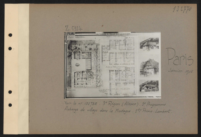 Paris. Musée des arts décoratifs. Exposition des projets d'architecture primés au concours pour la reconstruction des habitations rurales dans les départements envahis. Troisième région (Alsace). Troisième programme. Auberge de village dans la montagne. Première prime : M. Lambert