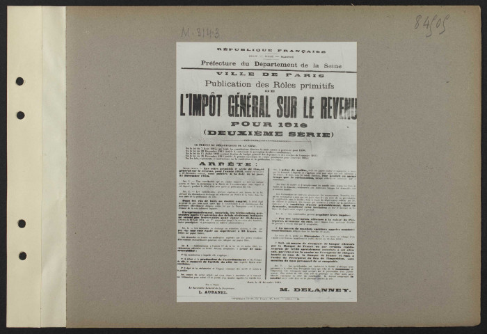[Ville de Paris. Publications des rôles primitifs de l'impôt général sur le revenu pour 1916] [31 décembre 1916]