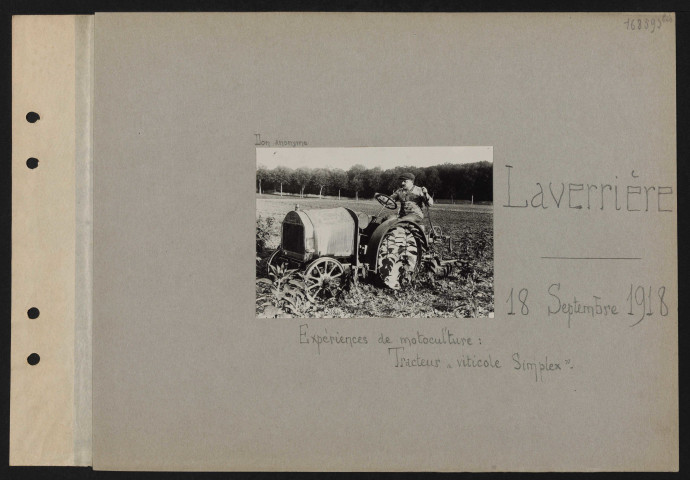 Laverrière. Expériences de motoculture : tracteur "viticole Simplex"