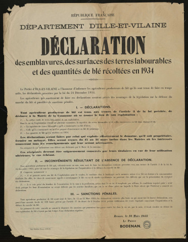Déclaration des emblavures, des surfaces des terres labourables et des quantités de blé récoltées en 1934