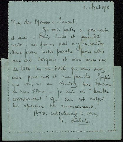 Lettres de soldats adressées à M. Tanant (11 rue de Lille, Paris)
