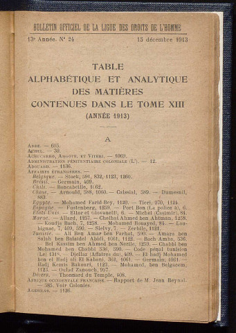 Table des matières 1913