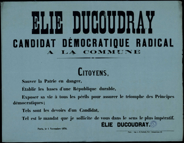 Elie Ducoudray : candidat démocratique radical à la Commune