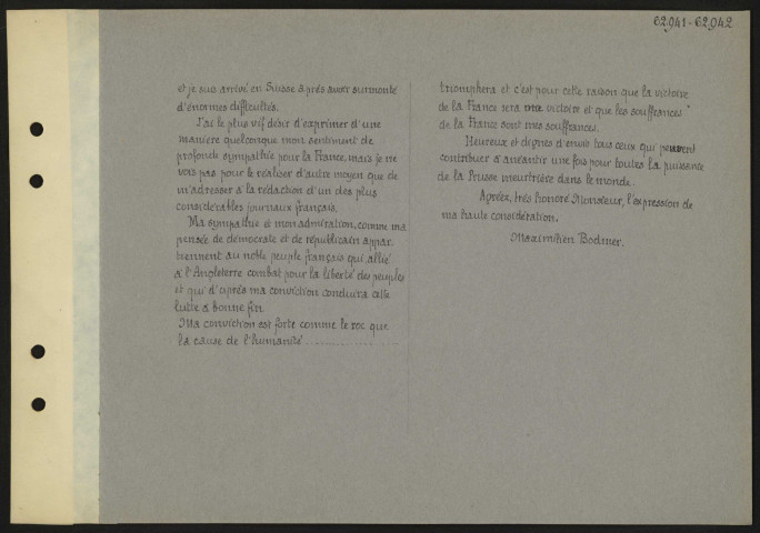 [Traduction de la lettre de Maximilen Bodmer à destination du rédacteur en chef du journal Le Temps. 29 septembre 1916]