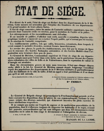 Affiche intitulée "État de siège" et couverte de texte
