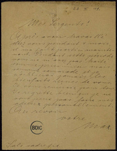 Lettre écrite par un prisonnier allemand, employé comme aide-garçon au mess des sous-officiers du D.P.T.A. à Villemaure (Aube).