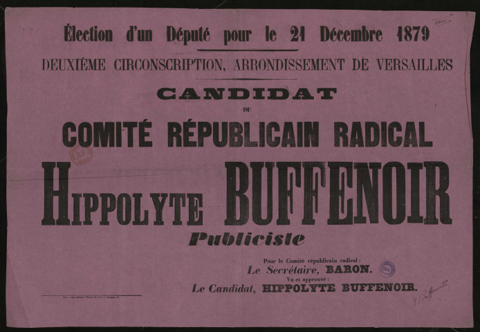 Élection d'un député Arrondissement de Versailles : Candidat du Comité républicain radical Hippolyte Buffenoir