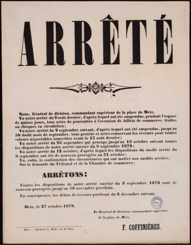 Les dispositions de notre arrêté… Du 9 septembre 1870 sont… Prolongées…