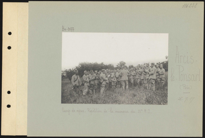Arcis-le-Ponsart (près). Camp de repos. Répétition de la musique du 31e régiment d'infanterie